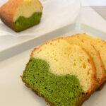 close up of marble matcha pound cake slices