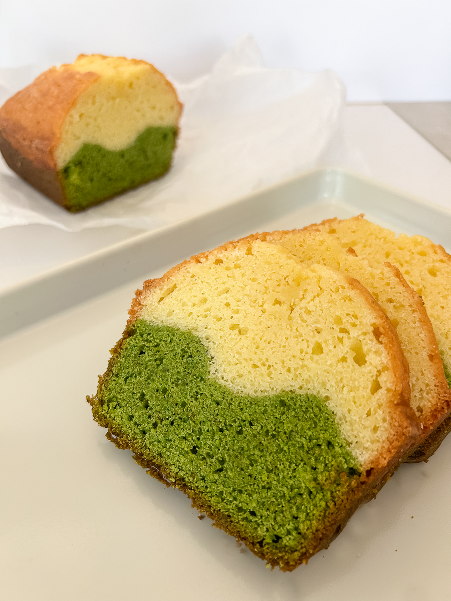 close up of marble matcha pound cake slices