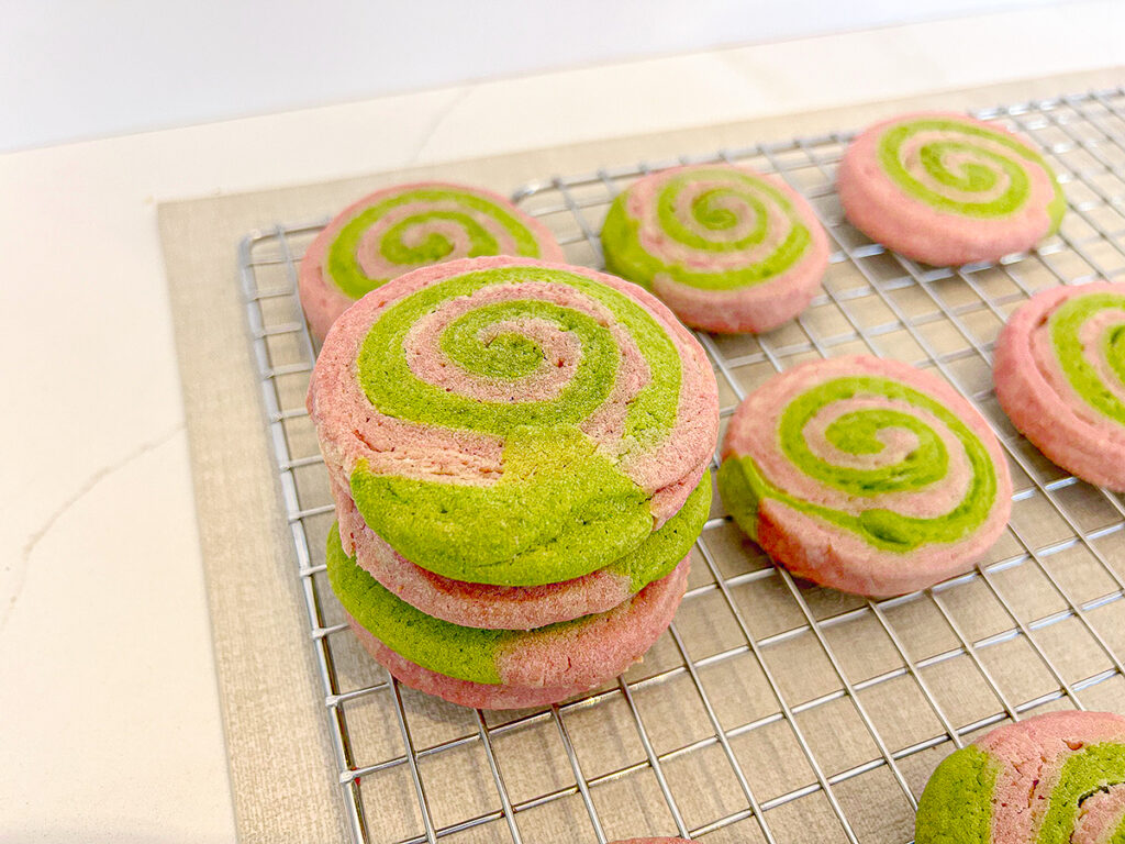strawberry matcha pinwheel cookies