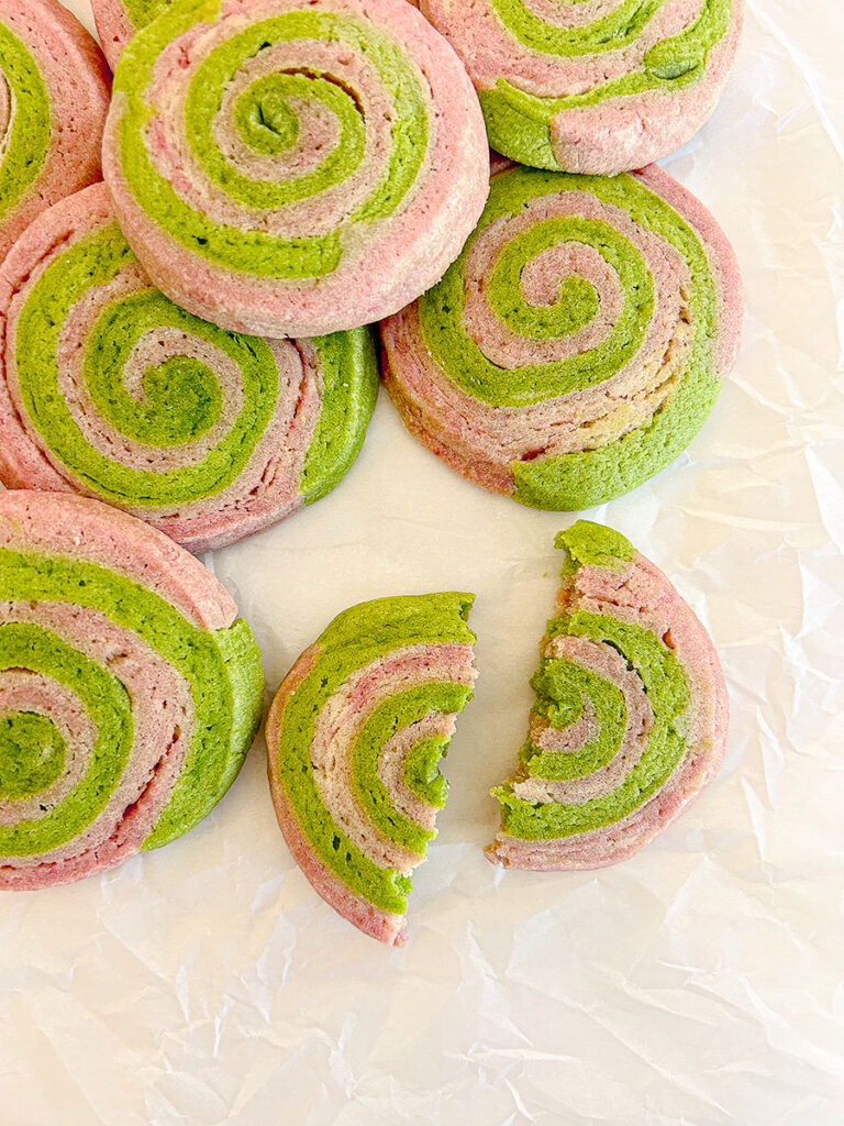 strawberry matcha pinwheel cookies