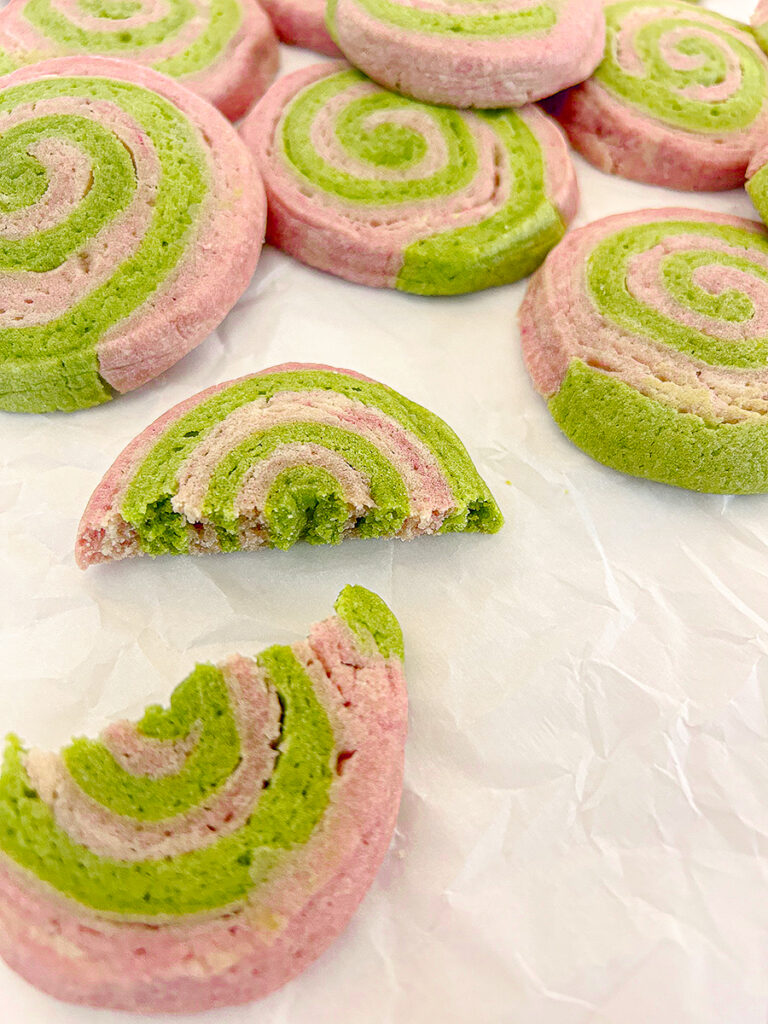 strawberry matcha pinwheel cookies
