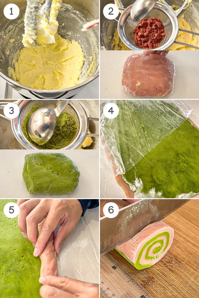 how to strawberry matcha pinwheel cookies